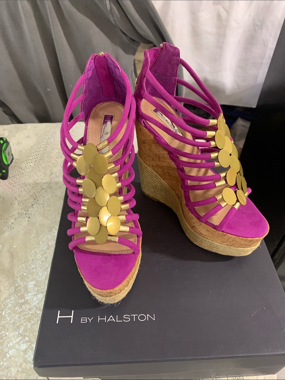 H by Halston Fuchsia Strappy Wedge Sandals with Gold Discs